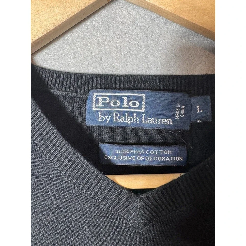 Polo Ralph Lauren Sweater V Neck Pima Cotton Mens L Black Purple Pony Logo